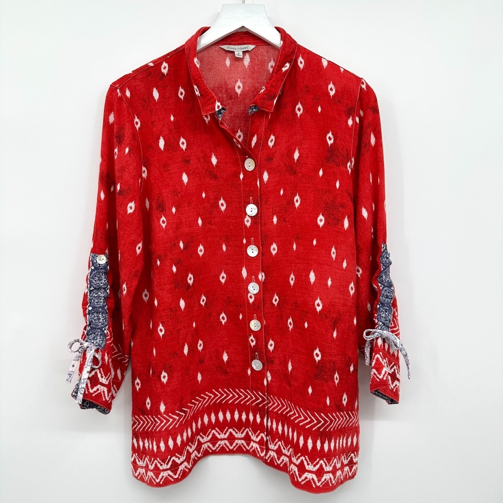 John Mark Top Shirt Blouse Size Small Red 3/4 Sleeves Wire Collar Western Boho